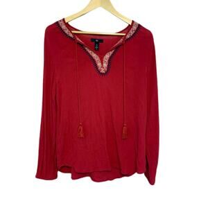 GAP Boho Peasant Red Blouse Long Sleeve Embroidery V-neck Top  | S